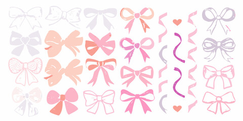 Collection of Pastel Bows Ribbons and Hearts on White hand drawn