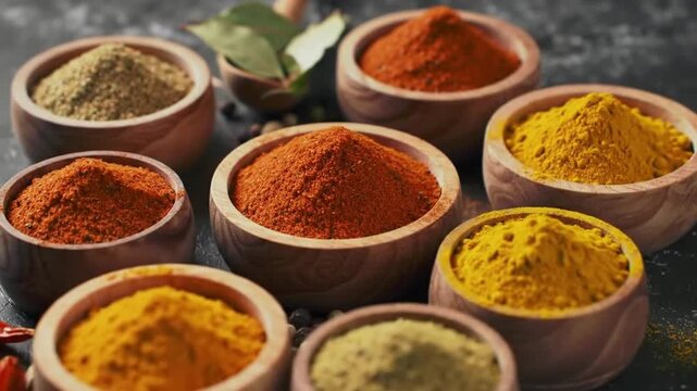 Vibrant Spices in Wooden Bowls Culinary Flavors with Rustic Kitchen, and Dark Background.