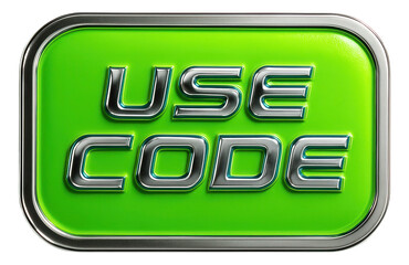 Glossy green tag sticker with USE CODE offer in metallic lettering, eye-catching retail promo on transparent background.