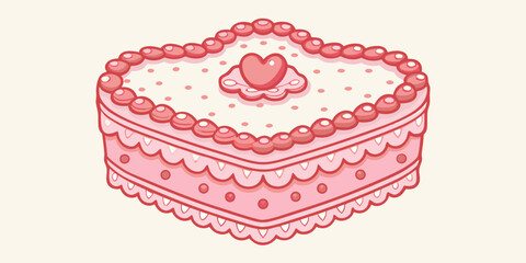 Pink Heart Shaped Cake with Red Frosting and Sprinkles vector illustration