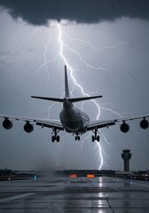 Landing during a thunderstorm: A plane touches down safely against a backdrop of lightning and rain,Capturing the drama of aviation: Aircraft landing on a wet runway amid an intense lightning storm