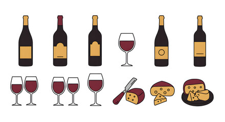 Elegant collection of wine and cheese illustrations featuring various bottles, glasses, and gourmet cheese. Ideal for designs related to tasting events, culinary themes, or festive celebrations