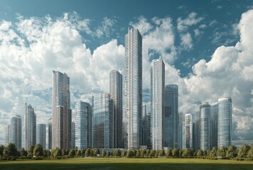 Obraz premium Modern city skyline with tall glass skyscrapers under a partly cloudy sky during daytime