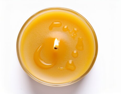 melted yellow candle top view with oozing wax drops isolated on white background for wellness or spa design