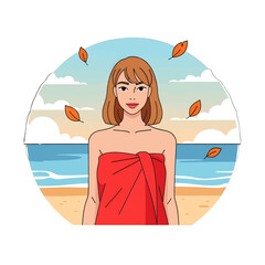 Brunette Woman in Red Wrap on Sandy Beach with Blue Sea and Sky with Scattered Leaves Artwork
