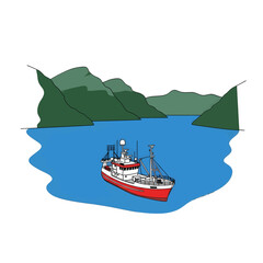 White and Red Fishing Boat Sailing in a Serene Blue Sea with Green Mountain Backdrop in Clear Weather