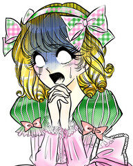 白目で祈る昭和レトロ少女漫画の金髪お嬢様と白背景