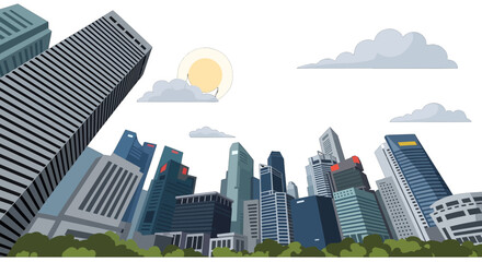 Pixel Art Panorama of Modern City Skyline with Skyscrapers Under Cloudy Sky and Sun and Green Trees in Bottom View