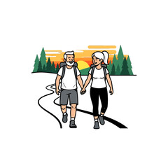 Senior Couple Hiking Hand in Hand on Forest Trail at Sunset Backpacking Adventure