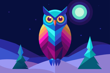 Naklejka premium A fun Halloween cartoon illustration of a cute owl on a branch against a dark night sky with stars and a moon