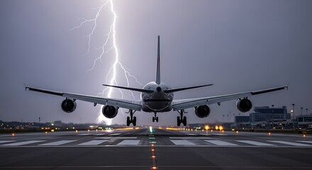 Airplane landing on runway in stormy weather with lightning in the sky, Facing the camera as it lands on the runway during a thunderstorm