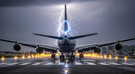 Boeing 747 on a Runway During a Lightning Storm, Reflecting Off the Wet Asphalt, A Captivating Display of Weather and Aviation, A Majestic Boeing 747 Stands Defiantly Amidst a Powerful Lightning Storm