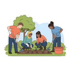 Four Diverse Individuals Planting Together in a Vibrant Green Garden with Blue Sky and a Tree in the Background During Daylight
