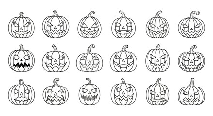 Collection of hand-drawn Halloween pumpkins with carved faces, perfect for autumn decorations and spooky celebrations
