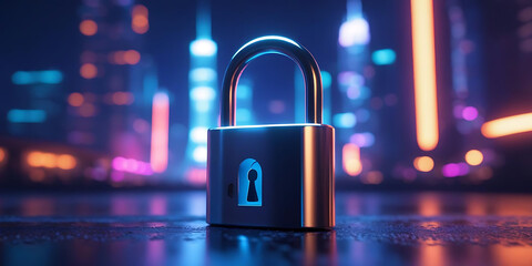 A shiny padlock in front of a blurry city skyline with vibrant neon lights at night time scene view