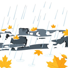 Rainy Autumn Season with Falling Yellow Maple Leaves and White Cloudy Background