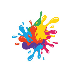 Vibrant Paint Splashes with Abstract Composition Featuring Red Yellow Green and Blue Colors on a White Backdrop