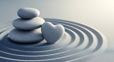 A serene zen garden scene features a stack of smooth gray stones and a heart-shaped stone, both resting on a surface of meticulously arranged light gray sand.
