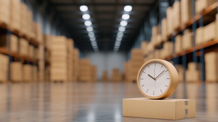 A clock sits atop a box in a spacious warehouse filled with stacked cardboard boxes, highlighting themes of time and organization in logistics.