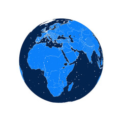 Detailed Globe of the World Displaying Continents in Shades of Blue on Dark Blue Background