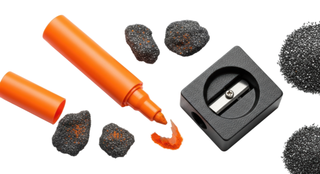Overhead of a neon orange industrial marker and matte black cast-iron sharpener with grit filings, artfully scattered on a transparent background with soft studio shadows, concept of robust industrial