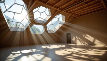 sunlight entering through hexagonal and square skylights, forming layered light patterns on floors, creating a peaceful and artistic ambiance.