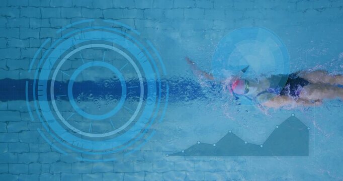 Female swimmer entering lane shifting strokes while sports HUD pulsing and chart tracking metrics