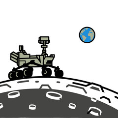 Lunar Rover Exploring Moon Surface with Earth Visible Above White Craters Against White Backdrop