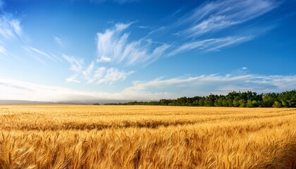 Obraz premium golden wheat field stretches under blue sky a rural landscape of nature s bounty for agriculture and food
