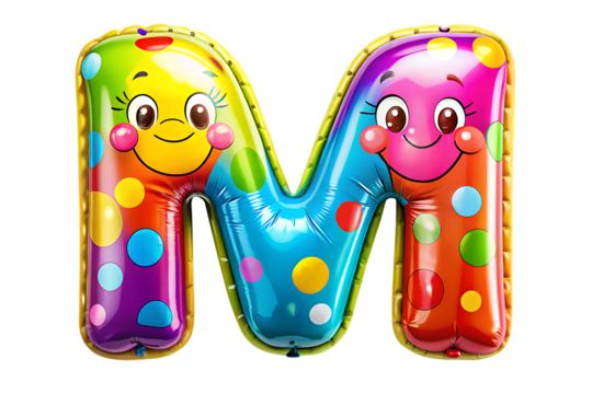 Letter M in Doodle Style Shaped as a Colorful Birthday Balloon with Joyful Face – Isolated on Transparent Background, PNG, AI Generated
