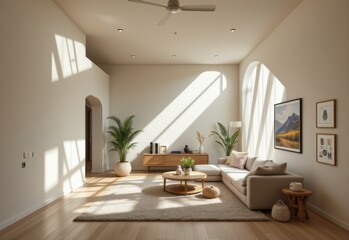 natural light streaming into a living area with angular partitions, producing playful shadows and enhancing curiosity and engagement.