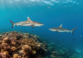 Fototapeta premium Two reef sharks swim above a vibrant coral reef in clear blue water