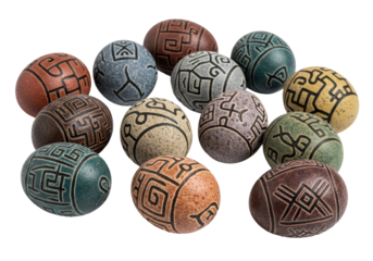 Twelve hand-carved ancient stone eggs, primitive symbols, earthy tones, rough texture, scattered on transparent background, soft studio light, concept of ancient mystical artifacts