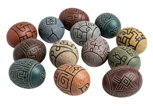 Twelve hand-carved ancient stone eggs, primitive symbols, earthy tones, rough texture, scattered on transparent background, soft studio light, concept of ancient mystical artifacts