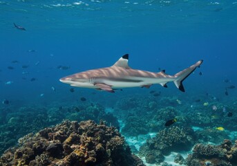 Obraz premium Blacktip reef shark swims gracefully over coral reef