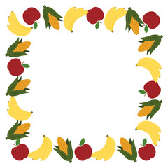 Ripe Banana Corn cob with leaves and red Apple Fruit Square Frame border Harvesting Holiday Backdrop
