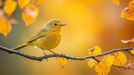 Golden Yellow Bird Perched on Branch in Autumn