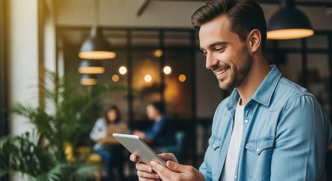 Happy man smiling while using a digital tablet in a modern coffee shop, symbolizing casual work, technology, and a positive lifestyle