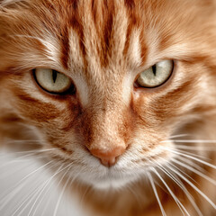 Close-up view of a domestic orange tabby cat with piercing green eyes in soft light