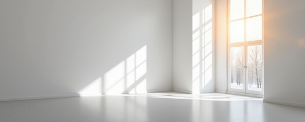 Fototapeta premium sunlight entering a monochrome abstract room creates tonal variations on walls and floors producing peaceful minimalistic and meditative visual effects.