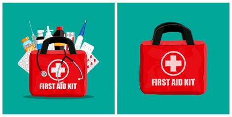 Naklejka premium Two red first aid kit bags shown, one full of medical items and the other closed. Medical health concept for emergency care.