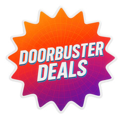 Bright burst sticker with DOORBUSTER DEALS in bold font, striking retail promo offer on transparent background.