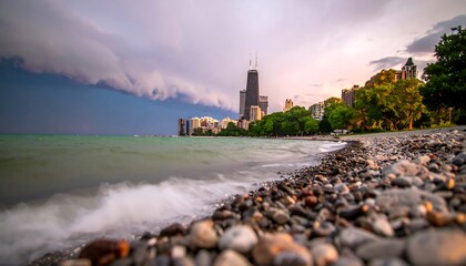 Dramatic Chicago Skyline Under Stormy Sky with Rocky Shoreline
