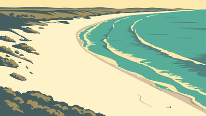 Obraz premium Coastal Landscape Ocean Waves Sandy Beach Summer Vacation Travel Poster Turquoise Water Scenic View Aerial Perspective Seaside Illustration Calm Ocean Nature Illustration Vacation Background Holiday .