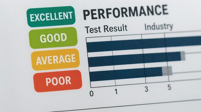 Performance test result comparison chart with industry standards rating evaluation displaying excellent good average and poor levels for SEO