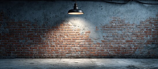 Single overhead industrial-style lamp illuminating a textured brick wall in a dimly lit space