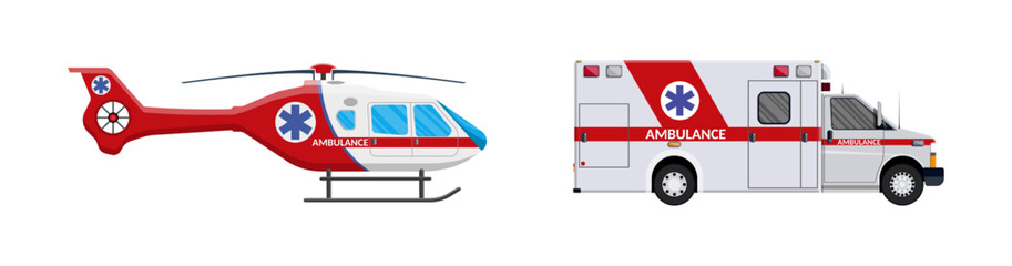 Ambulance helicopter and ambulance vehicle in flat style. Emergency medical service. Healthcare transportation. © absent84