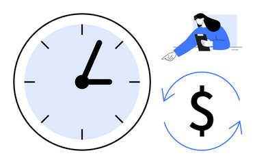 Clock face, dollar sign with arrows, and person reading document. Ideal for time efficiency, money management, productivity, planning, business strategy, finance education simple landing page