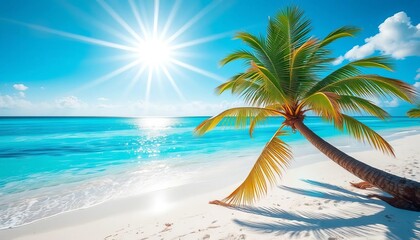 Obraz premium Sun-drenched palm tree leans over pristine white sand beach, turquoise water sparkles, summer, shore