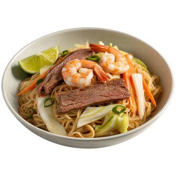 Pancit Bihon with Beef and Shrimp Filipino Noodles Food Dish top view isolated on a transparent png background 
